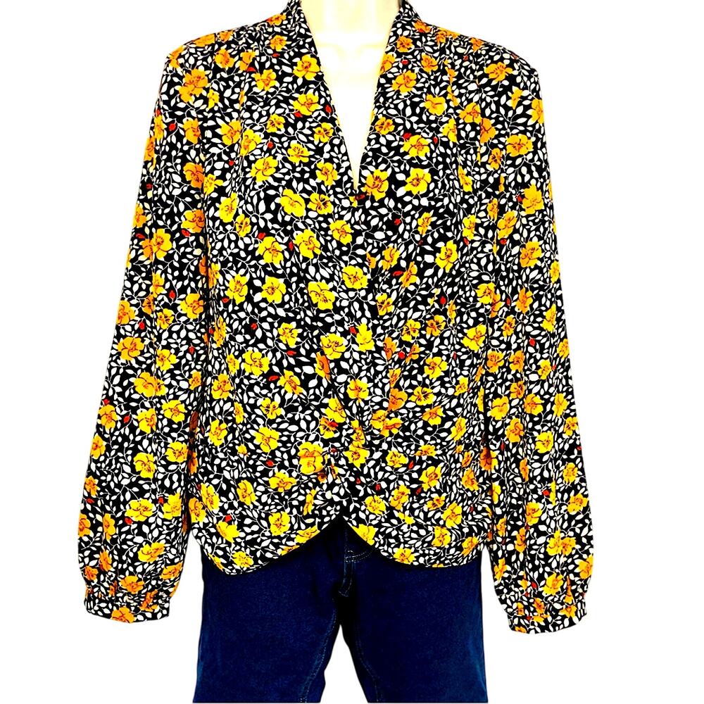 Heartloom Camille Black Yellow Print Floral Twist Front Surplice V neck Blouse